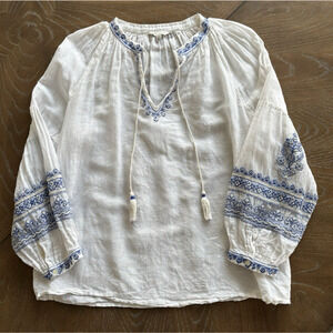 Lucky Linen Cotton Blend Boho Embroidered Top Size Large Peasant Blouse Tunic
